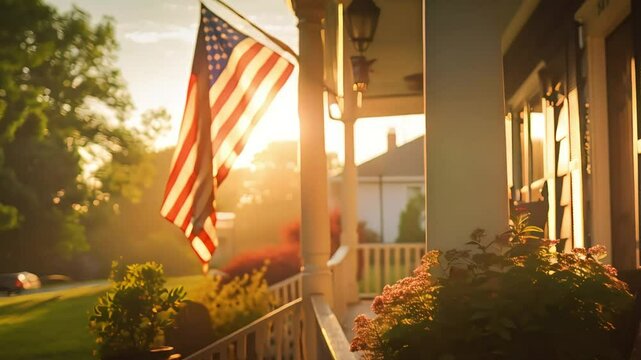 A slow-motion video of an American flag waving in front of a classic home, capturing the essence of patriotism, freedom, and national pride. Ideal for content on patriotism, architecture, or travel.
