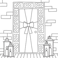 Facade front door sketch with big ribbon bow and street candles. Vector stock illustration