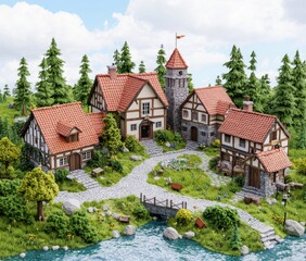Obraz premium On a sunny day, a medieval or fantasy town square in Europe