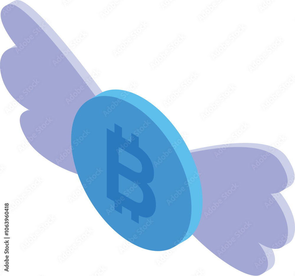 Poster bitcoin coin flying with wings, representing fast and easy cryptocurrency transactions