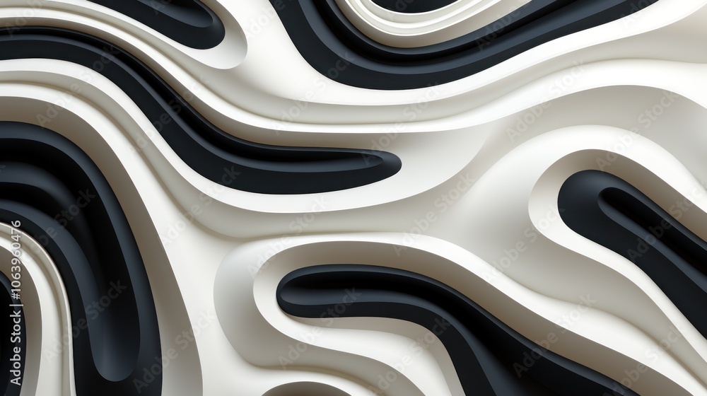 Poster abstract wavy design in black and white with smooth gradients and flowing shapes.