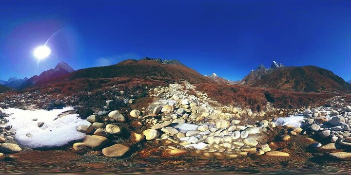4K VR of Dingboche and Pheriche village in Nepal, basic point of everest base camp track. EBC. Buddhist stupa on mountain trekking path in Himalayas.