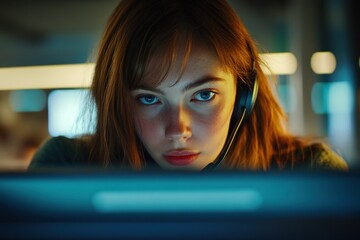 A focused young woman wearing a headset, engaged in work at a computer.