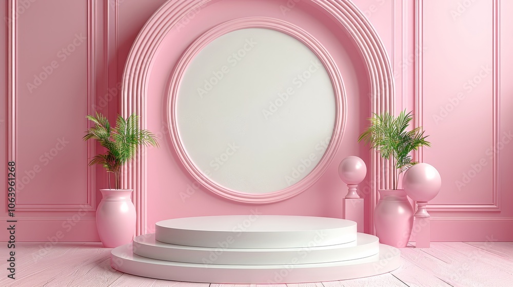 Poster a serene pink 3d render featuring an elegant circular backdrop with a podium, surrounded by decorati