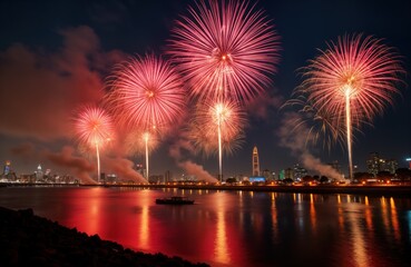 Night sky with vibrant red and pink fireworks exploding above calm body of water. City skyline in background with varied building heights. Radiant colors reflected in tranquil water below fireworks.