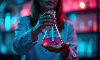 A dedicated scientist is carefully pouring a specific liquid into a glass beaker in a wellequipped laboratory setting