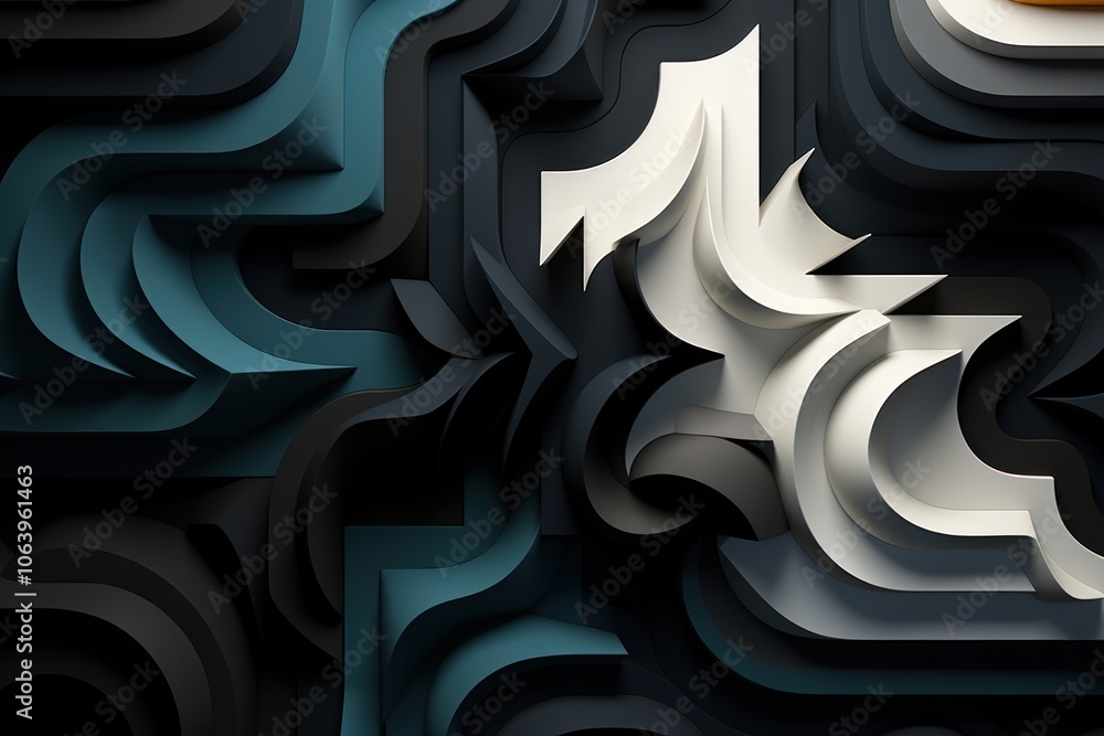 Aufkleber abstract design featuring layered shapes and curves in a dark color palette.