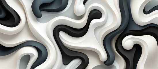 A dynamic abstract design featuring flowing shapes in shades of black, white, and gray.