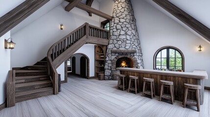 A 3D illustration of a medieval bedroom with an open fireplace.