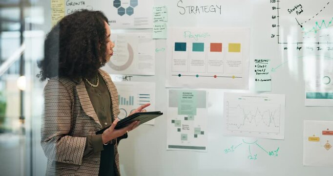 Business woman, thinking or whiteboard with tablet for company strategy, growth or planning at office. Young, female person or employee with technology or app for data, review or corporate statistics