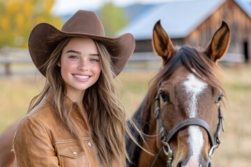 Obraz premium Cowgirl on Sunny Ranch Riding Her Horse