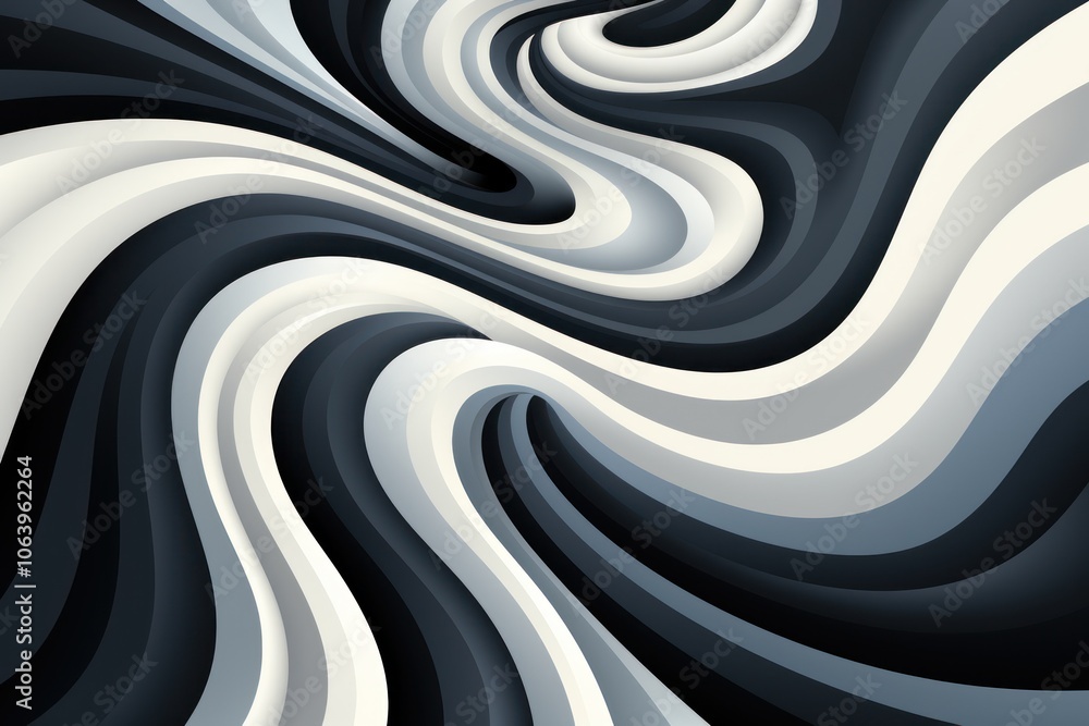 Poster abstract swirling pattern in shades of black, white, and gray, creating a dynamic visual flow.