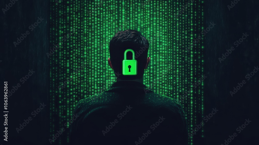 Aufkleber hacker in dark room facing wall with digital code