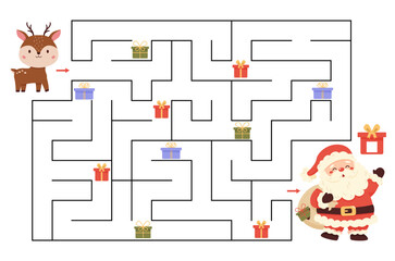 Maze game. Help the reindeer collect all the lost Christmas gifts. Count and write them down. Santa Claus's bag of gifts has torn. Labyrinth. Educational puzzle template. Vector illustration.