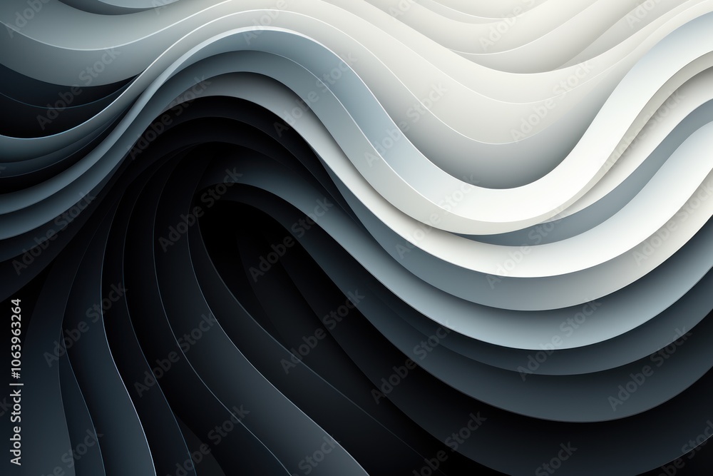 Poster abstract layered waves in shades of black and white create a modern visual texture.