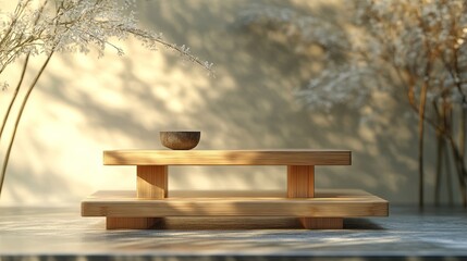 Obraz premium A tiered 3D display stand with bamboo finish in a zen-inspired space, softly lit with diffused lighting.
