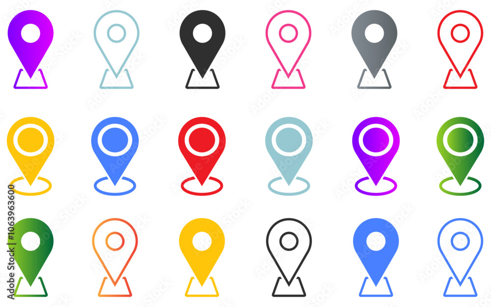 Poster location icon collection colorful buttons map pointer pin sign symbol outline destination place addr
