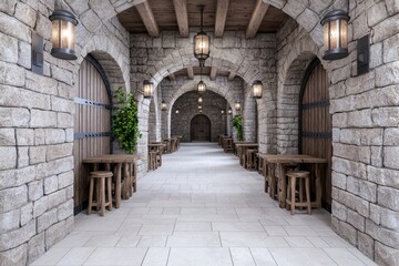 Fototapeta premium The interior of a Fantasy Medieval Dungeons and Dragons Castle with a Stone Tavern plucked from the medieval period