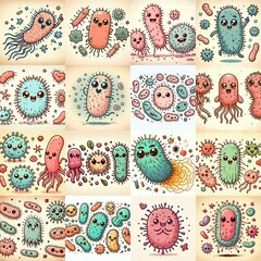 Cartoon bacteria. Vintage drawing style. AI generated illustration
