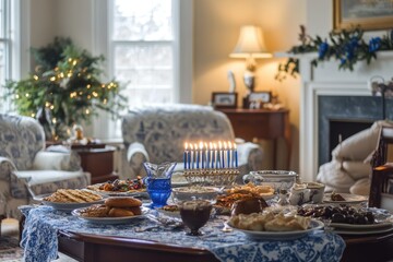 Hanukkah Party Setup: A festive scene of a living room set up for a Hanukkah party, with decorations in blue and white, a table filled with traditional foods, and a menorah ready to be lit