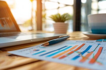 Collection of business analytics charts and graphs stacked on each other on paper on desk in office