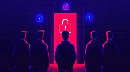 Group of Hackers in Front of a Locked Door