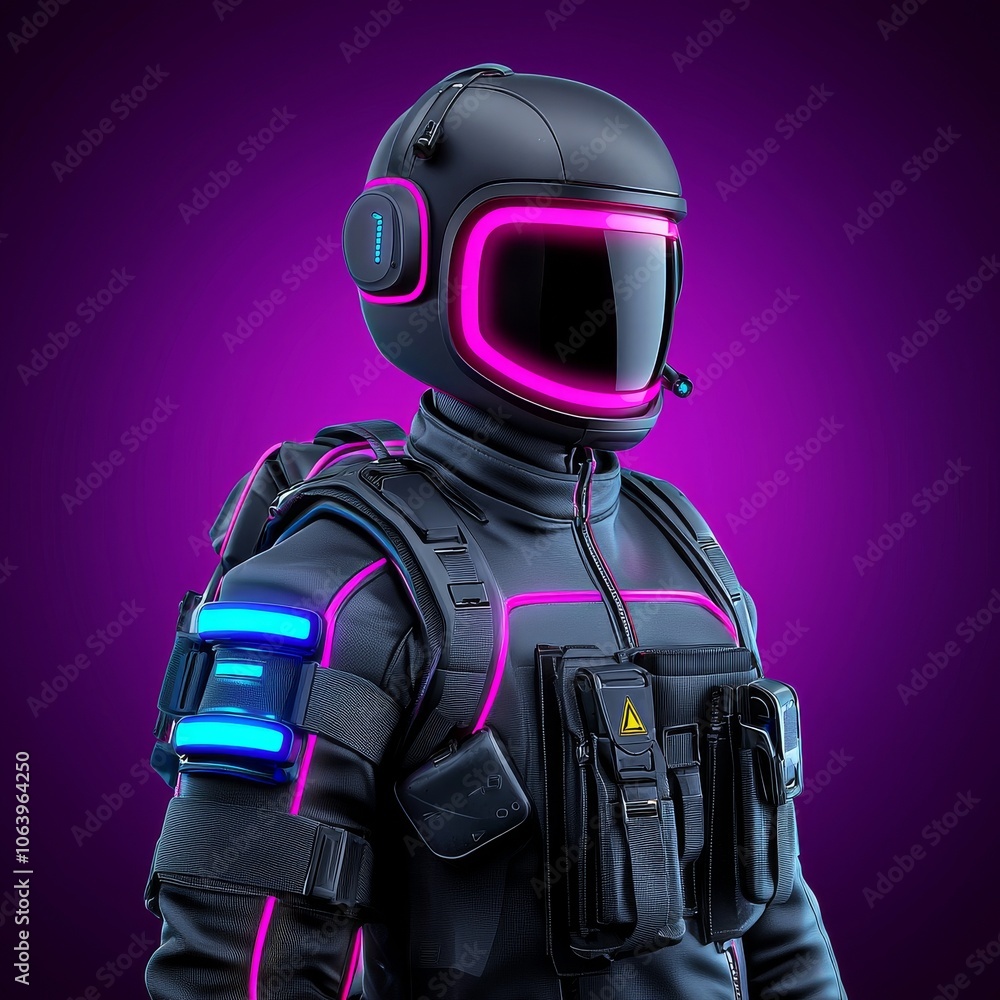 Poster a sci-fi robotic exoskeleton armor with a human operator inside and a robot with a neon glow on its 