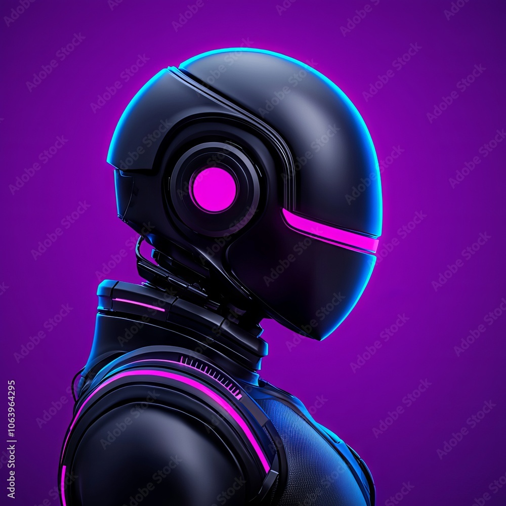 Poster a sci-fi robotic exoskeleton armor containing a human operator and a robot with neon lights on its f