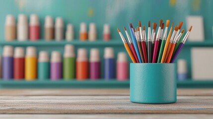 Fototapeta premium Vibrant Art Supplies on Wooden Table