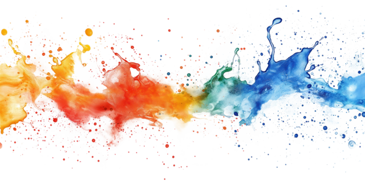 Vibrant abstract painting with scattered colors. Riot of red, orange, yellow on top, cool blue below. Geometric, organic shapes, lines, curves add depth, dimension. Balanced composition with even