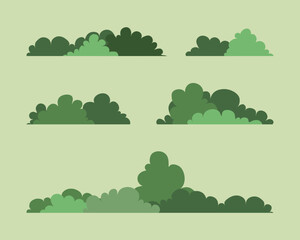 Obraz premium Simple set of green bushes in a flat style, different leaf shapes, minimalist design.