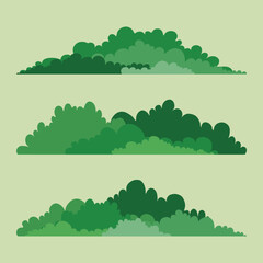 A set of simple flat green bushes, minimalist design, different shapes of leaves, icons for the landscape.
