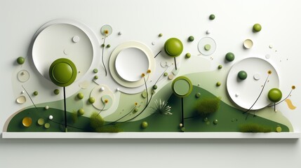 A stylized landscape featuring abstract trees and hills in green and white tones.