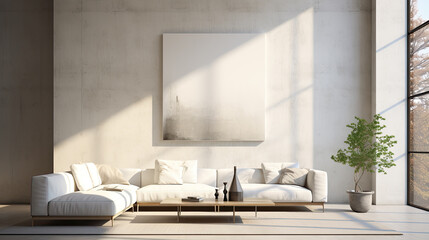 A minimalist, bright room with a white couch and a picture on the wall