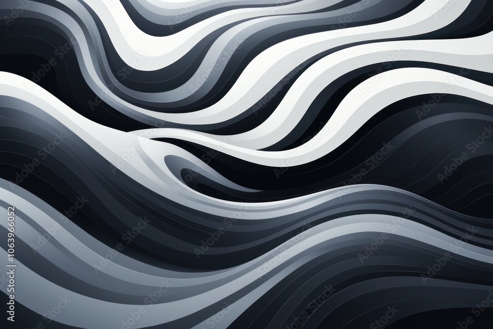 Poster abstract waves in shades of black, white, and gray create a dynamic visual flow.