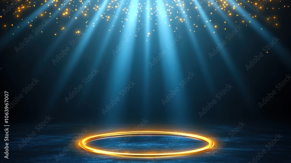 Aufkleber a glowing circle illuminated by beams of light and sparkles, creating a mystical atmosphere.