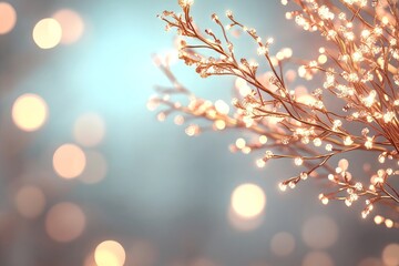 Festive glowing branches with bokeh lights on a blue background.