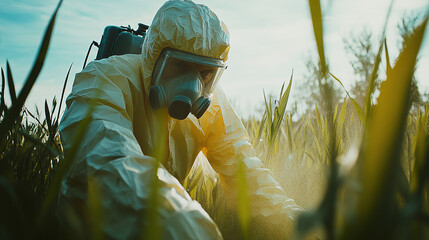 Worker in protective mask and clothing applying chemicals in a field, emphasizing safety and environmental precautions