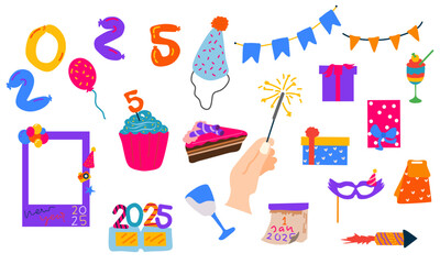 Festive New Year 2025 Illustration Set with Party Decorations
