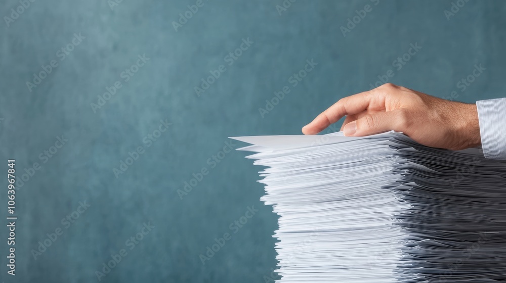 Poster hand resting on a stack of papers