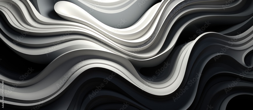 Poster abstract wavy patterns in shades of black and white create a modern, fluid design.