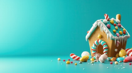 Obraz premium A colorful gingerbread house adorned with candy and icing, set against a bright blue background, creating a whimsical holiday scene.