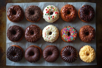 Assorted donuts with chocolate and white frosting on a baking sheet in a cozy kitchen