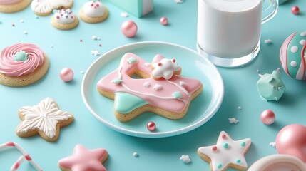 Colorful decorated cookies on a turquoise surface, accompanied by a glass of milk, creating a festive and sweet atmosphere.