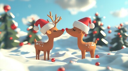 Two adorable cartoon reindeer wearing Santa hats share a sweet moment in a snowy landscape adorned with Christmas decorations.