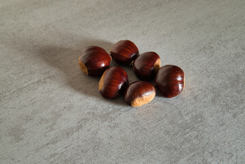 Close-up photograph of a group of freshly picked chestnuts from Navarra-Spain, isolated on a gray background.