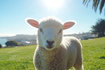Fototapeta premium A close-up of a cute lamb in a sunny outdoor setting with a blurred background.