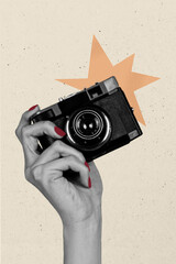 Vertical photo collage of hand hold retro camera device flash cadre photo shoot vintage instant...