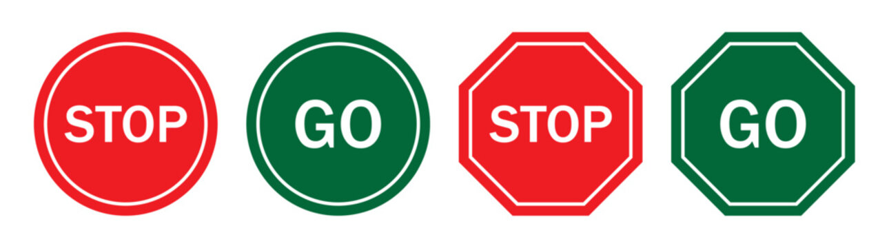 Stop and go sign symbol set in red and green color. Collection traffic signs symbol. Sign stop and go isolated set. Road sign symbol. Flat style. Vector illustration.
