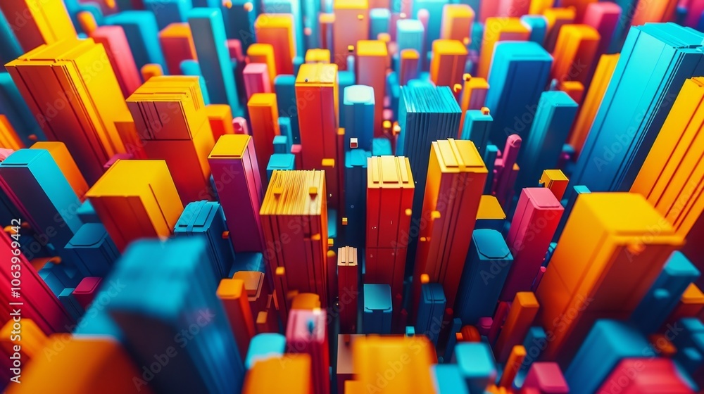 Poster vibrant 3d render of a futuristic cityscape with towering colorful buildings and chaotic patterns re